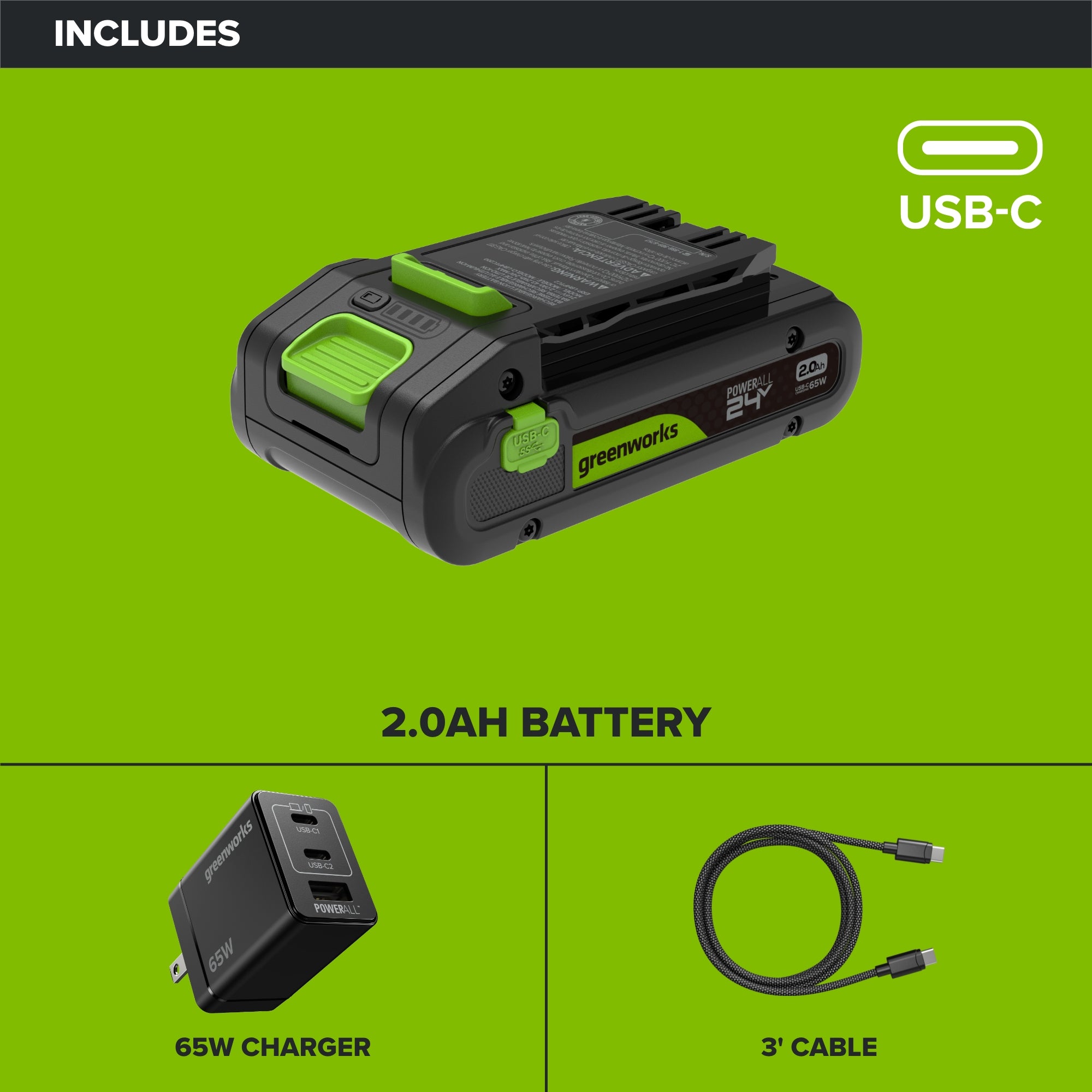 24V PowerAll Battery and Charger Kit, with 2.0 Ah Battery, Ultra-Fast 65W USB-C Charging Block, and Cable