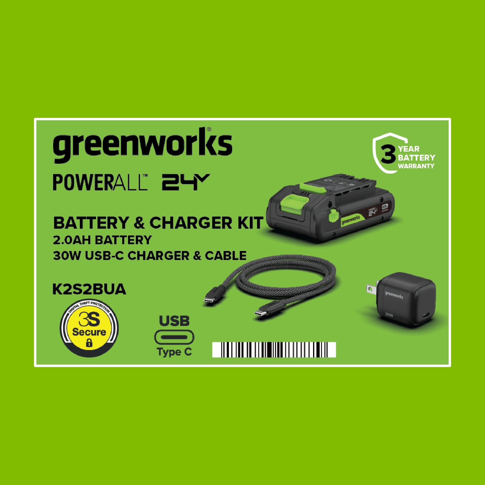 24V PowerAll Battery and Charger Kit, with 2.0 Ah Battery, 30W USB-C Charging Block, and Cable