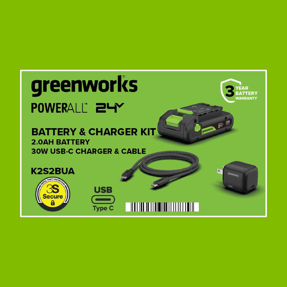24V PowerAll Battery and Charger Kit, with 2.0 Ah Battery, 30W USB-C Charging Block, and Cable