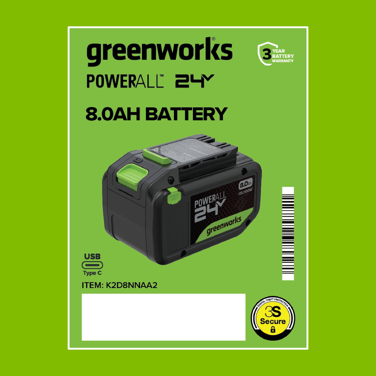 24V PowerAll High Power 8.0 Ah Battery, Rated for 1400W/65A