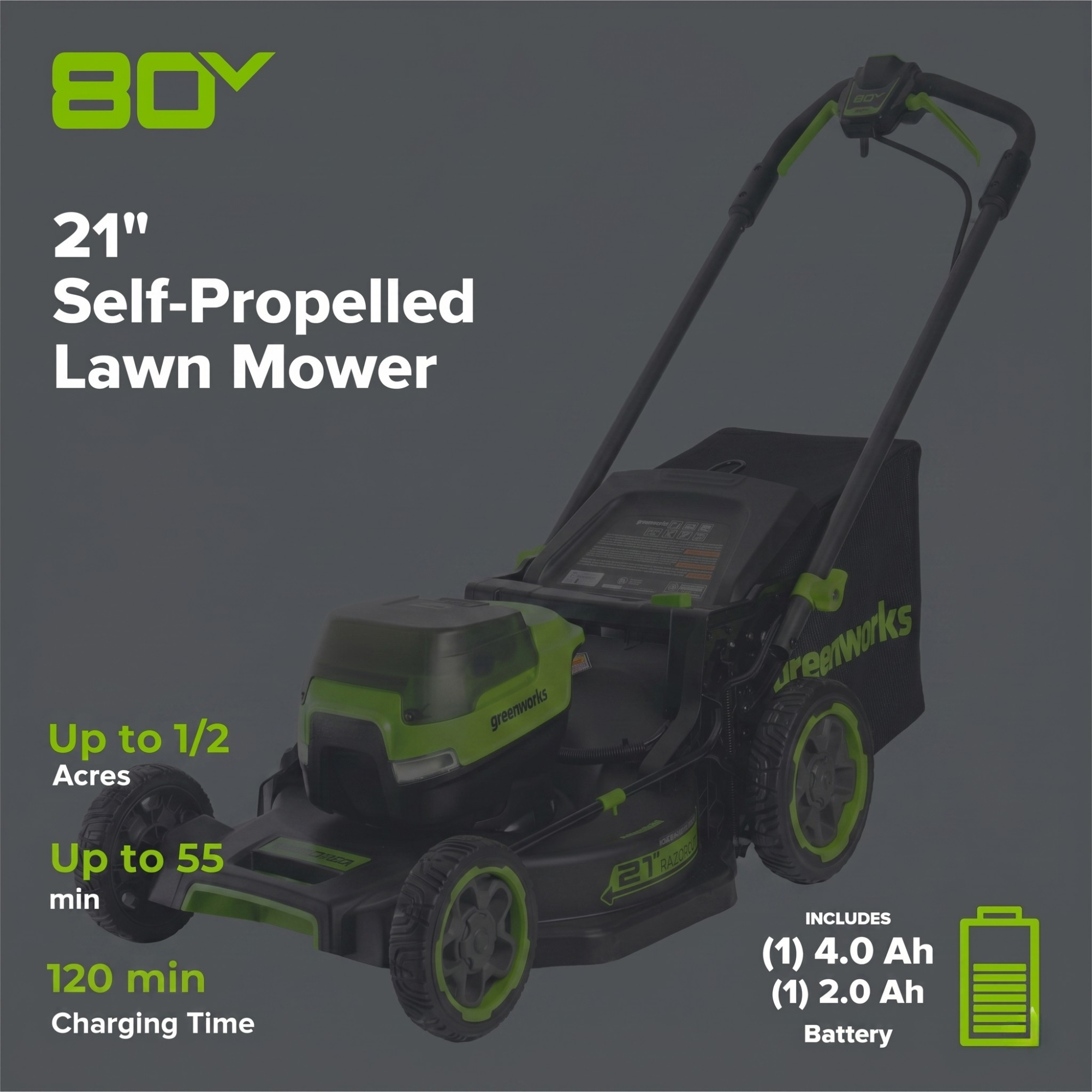 80V 21" Cordless Battery 4-in-1 Self-Propelled Mower: (1) 4.0Ah,(1) 2.0Ah Batteries & 2A Charger, LM2108S