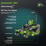 80V 54" MaximusZ Zero Turn Riding Mower: (2) 16.0 Ah and (4) 6.0 Ah Batteries and 1.5kW Charger, MZ5481