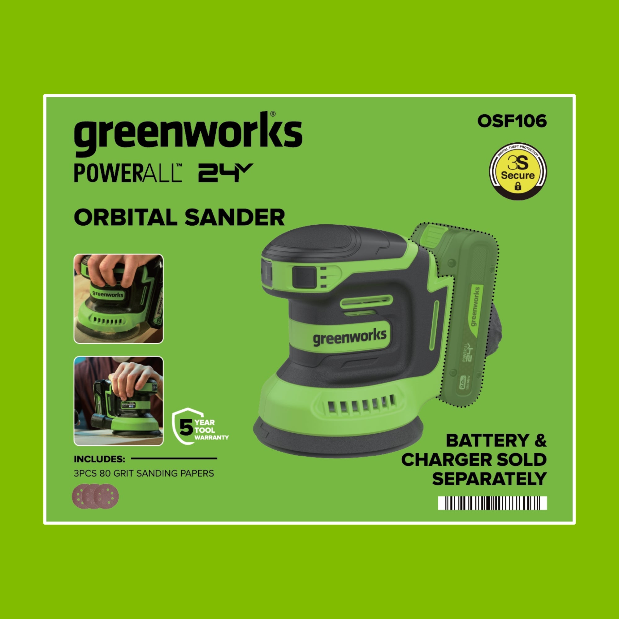 24V PowerAll Orbital Sander, Tool Only, with (3) Pieces of 80 Grit Sanding Paper