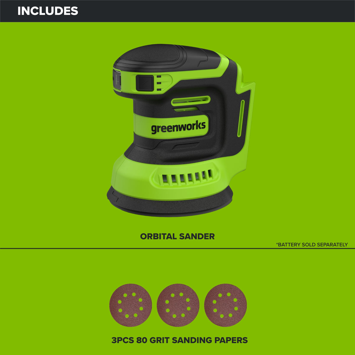 24V PowerAll Orbital Sander, Tool Only, with (3) Pieces of 80 Grit Sanding Paper