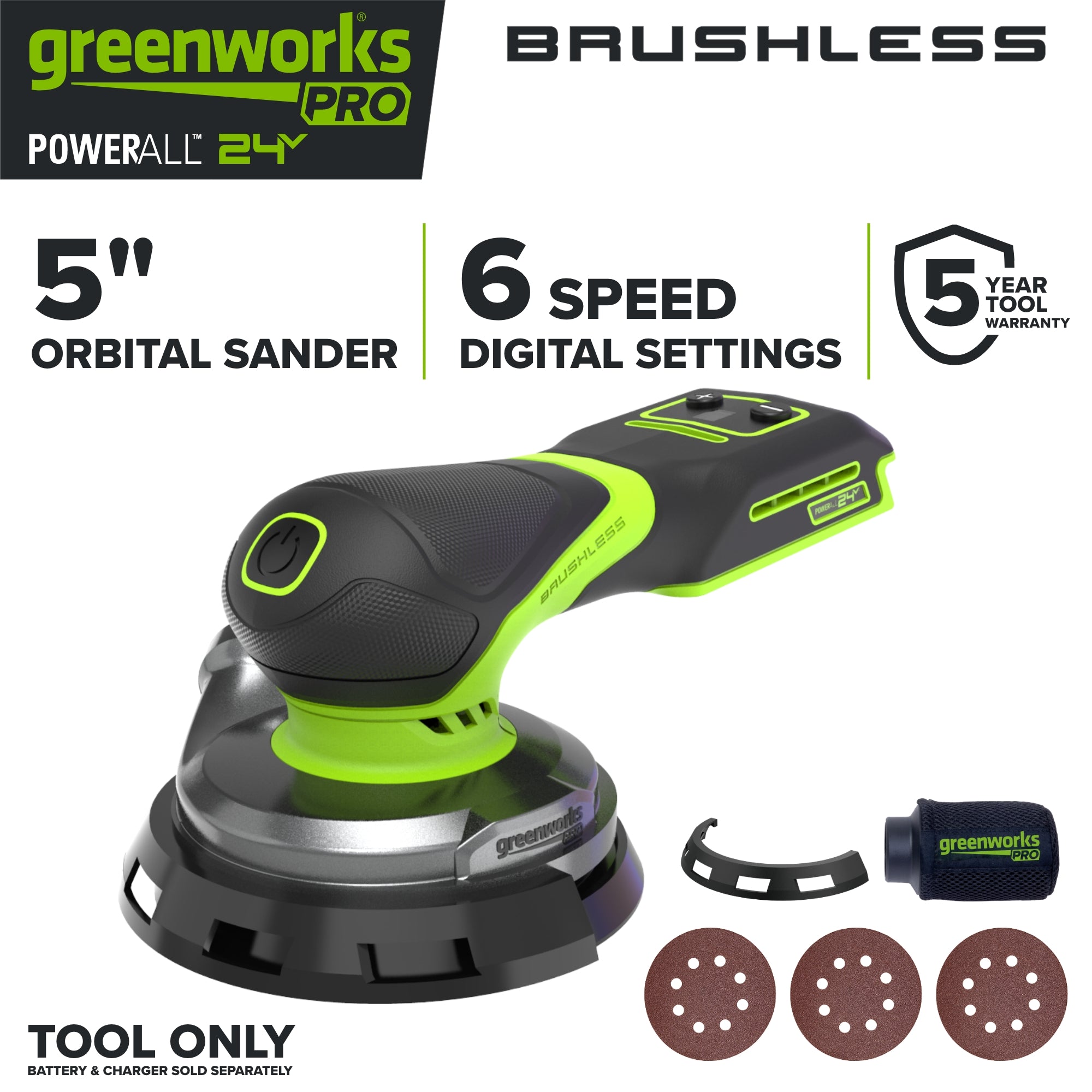 24V PowerAll Pro 5" Orbital Sander, Tool Only, with Dust Bag, Edge Guard, and (3) Pieces of 80 Grit Sanding Paper