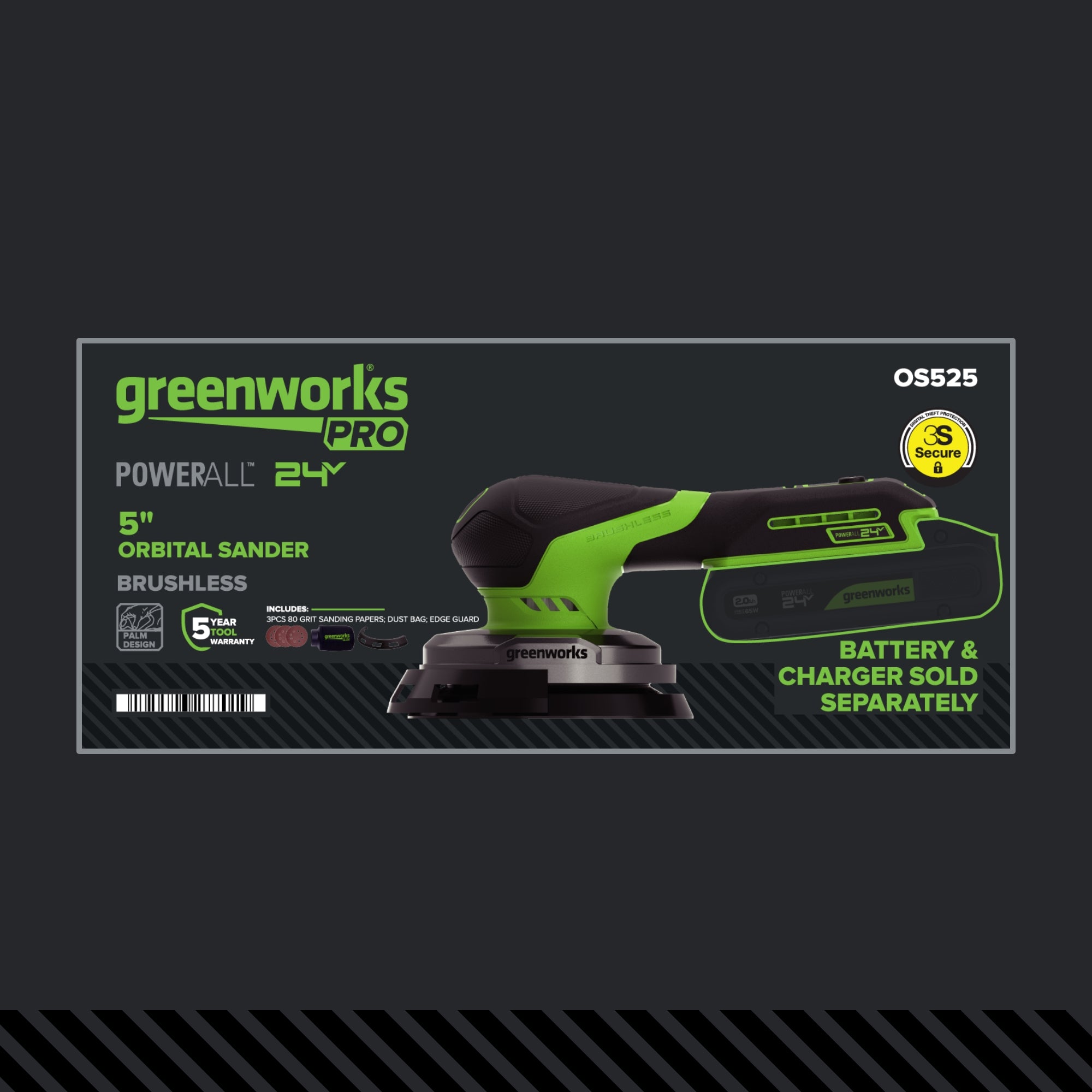 24V PowerAll Pro 5" Orbital Sander, Tool Only, with Dust Bag, Edge Guard, and (3) Pieces of 80 Grit Sanding Paper