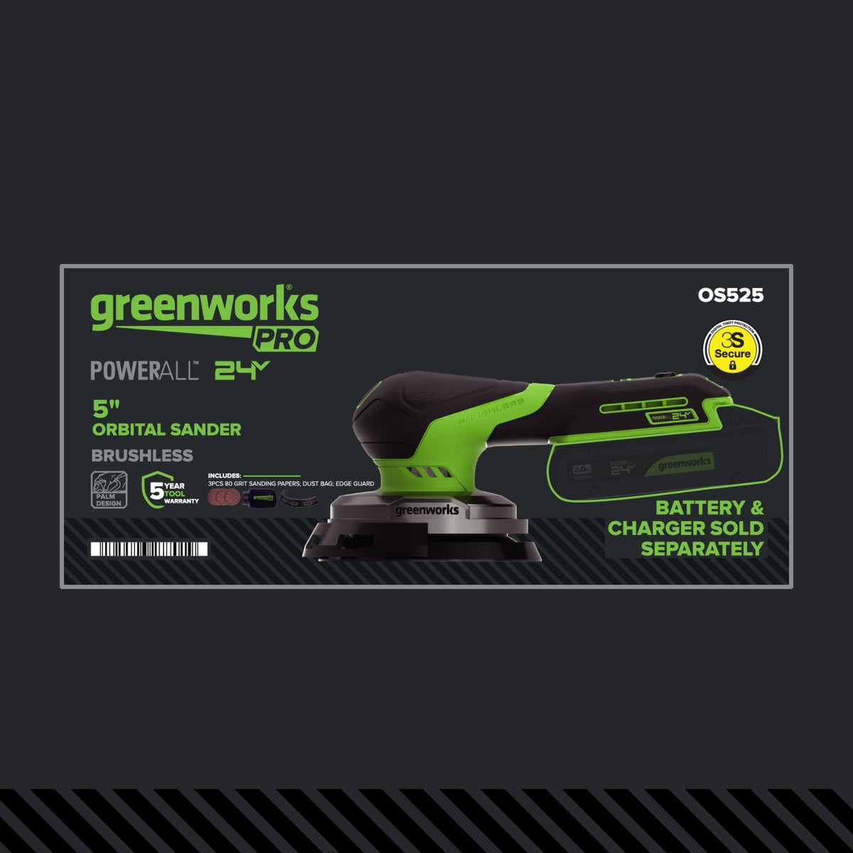 24V PowerAll Pro 5" Orbital Sander, Tool Only, with Dust Bag, Edge Guard, and (3) Pieces of 80 Grit Sanding Paper