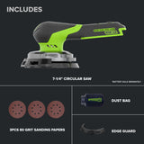 24V PowerAll Pro 5" Orbital Sander, Tool Only, with Dust Bag, Edge Guard, and (3) Pieces of 80 Grit Sanding Paper
