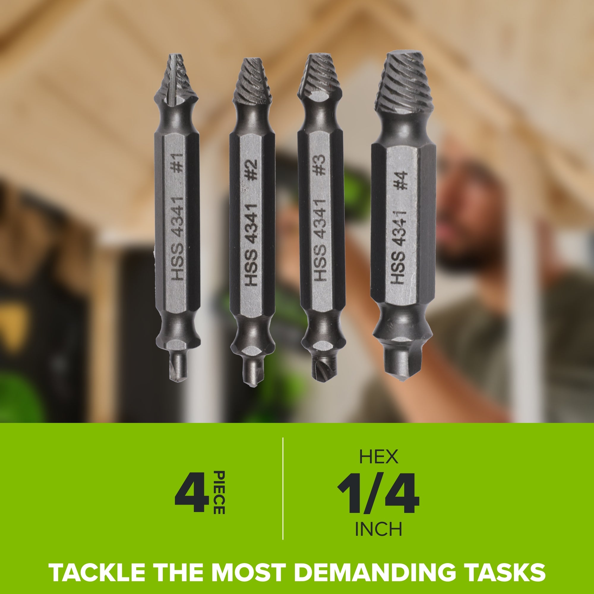 4-Piece Screw Extractor Set, #1-#4 Sizes, for Use with Impact and Drill Drivers