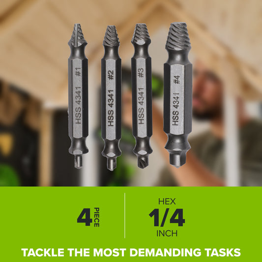 4-Piece Screw Extractor Set, #1-#4 Sizes, for Use with Impact and Drill Drivers