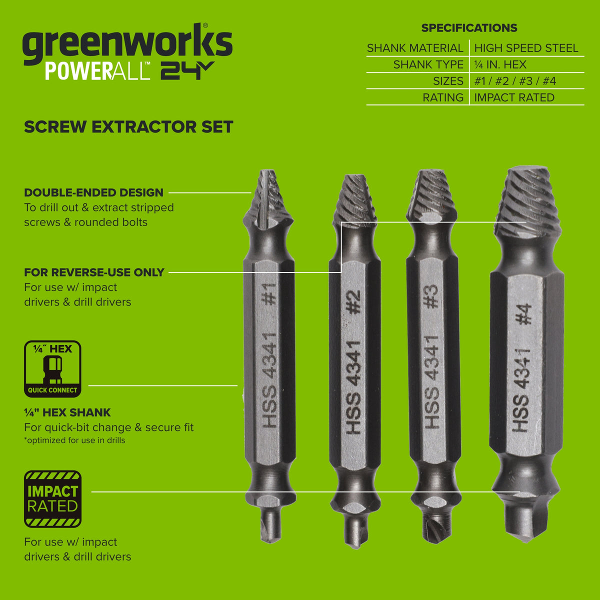 4-Piece Screw Extractor Set, #1-#4 Sizes, for Use with Impact and Drill Drivers
