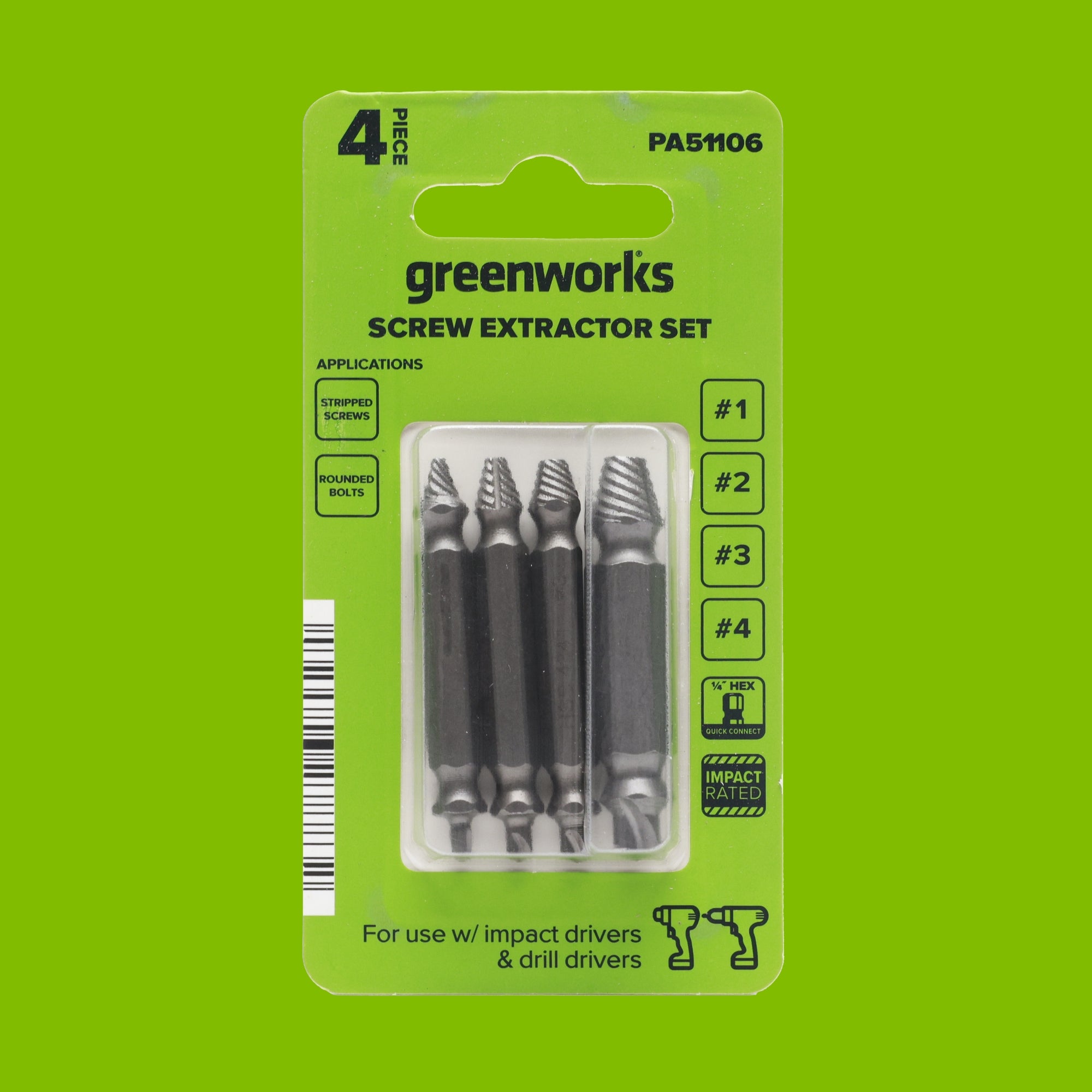 4-Piece Screw Extractor Set, #1-#4 Sizes, for Use with Impact and Drill Drivers