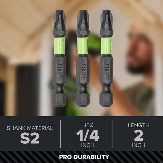 Pro 3-PC S2 2” Impact Rated Bits Phillips PH3