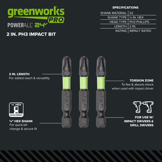 Pro 3-PC S2 2” Impact Rated Bits Phillips PH3
