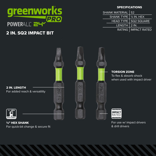 Pro 3-PC  S2 2” Impact Rated Bits - Square (#2)