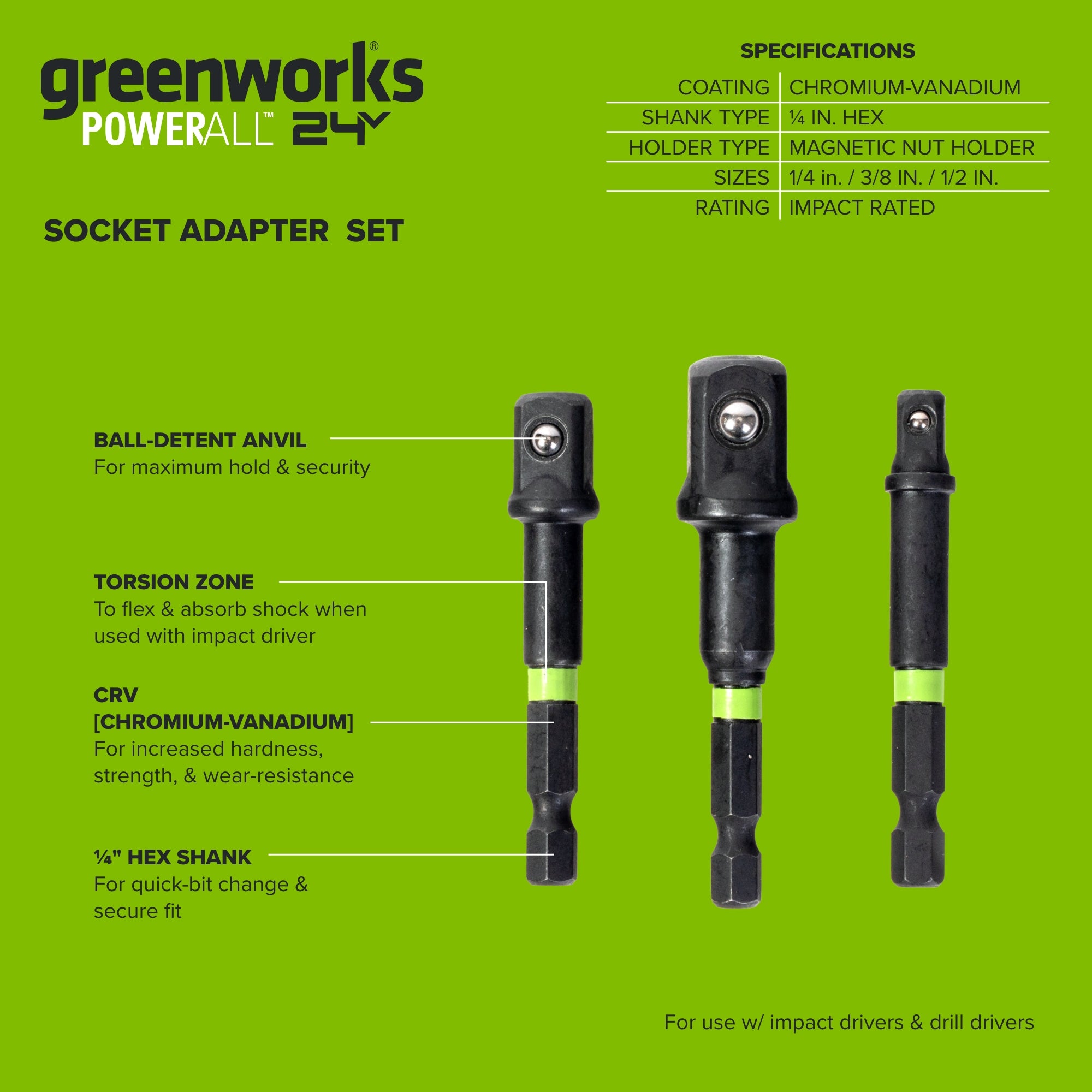 3-PC Impact-Rated Hex Shank Socket Driver Set