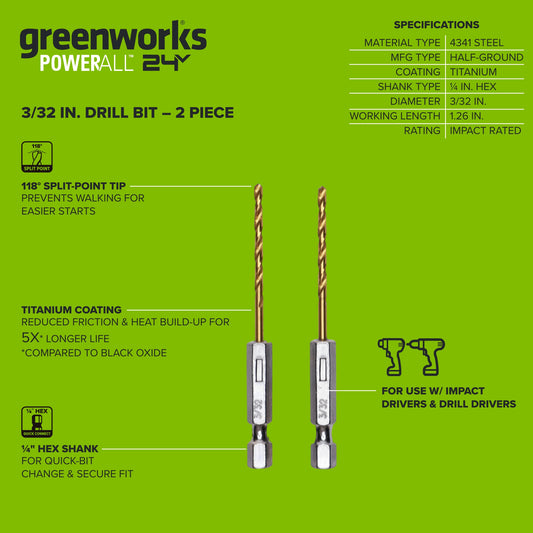 Half Ground 2-PC 2/32-inch Hex Shank Titanium Drill Bit Set