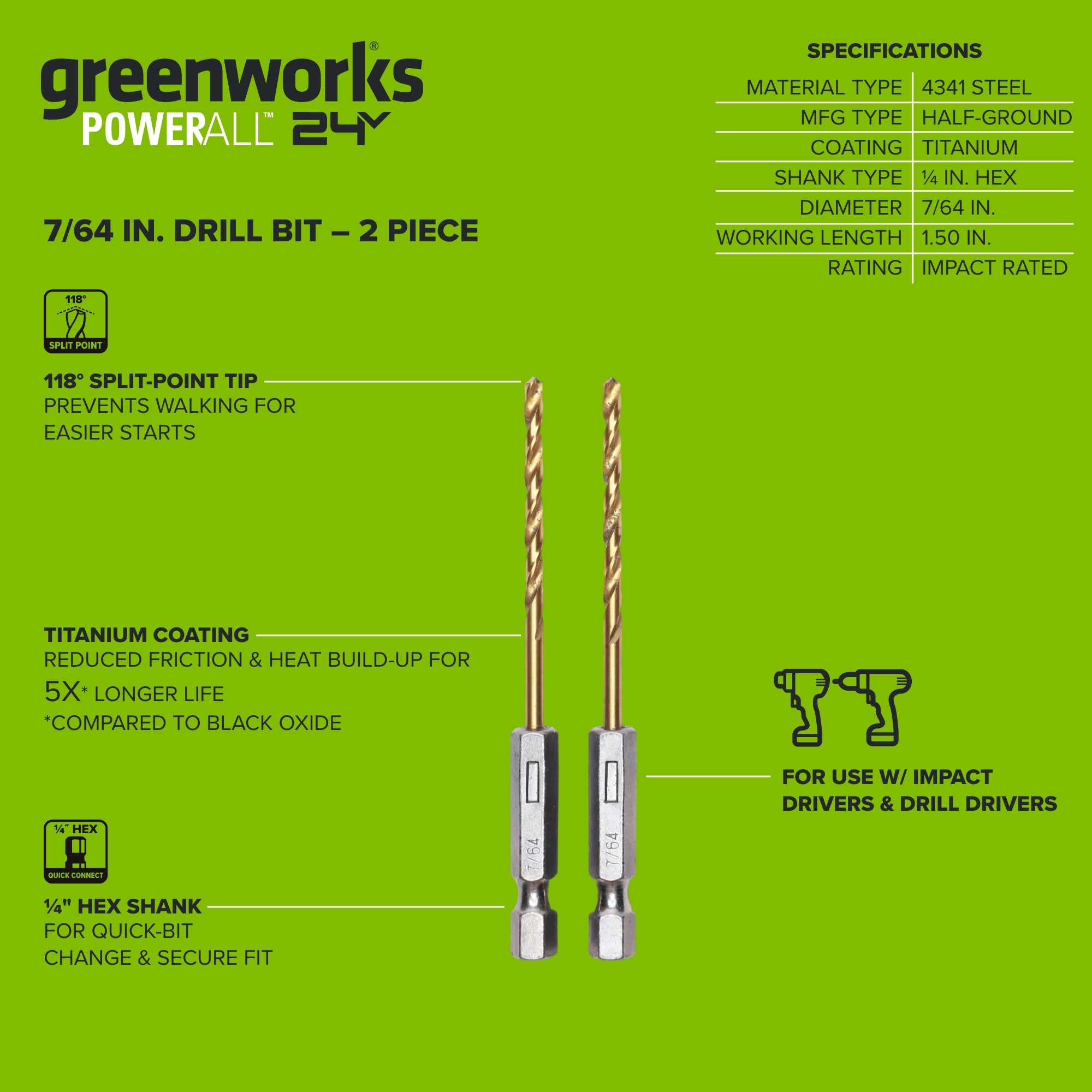 Half Ground 2-Piece 7/64-inch Hex Shank Titanium Drill Bit Set