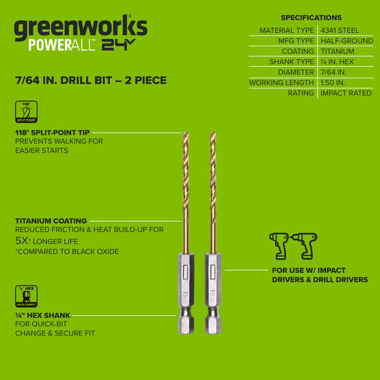 Half Ground 2-Piece 7/64-inch Hex Shank Titanium Drill Bit Set