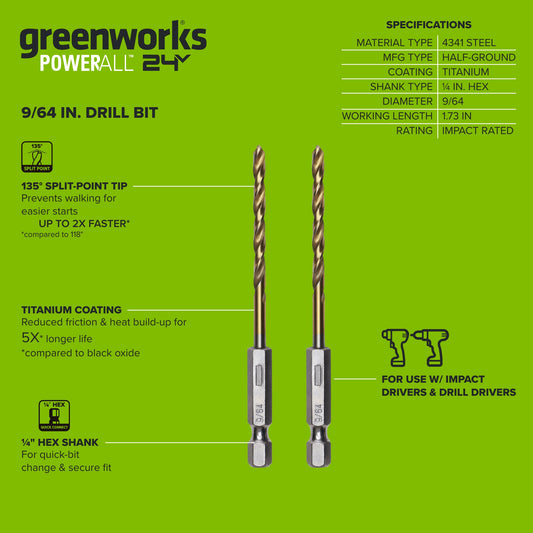 Half Ground 2-Piece 9/64-inch Hex Shank Titanium Drill Bit Set