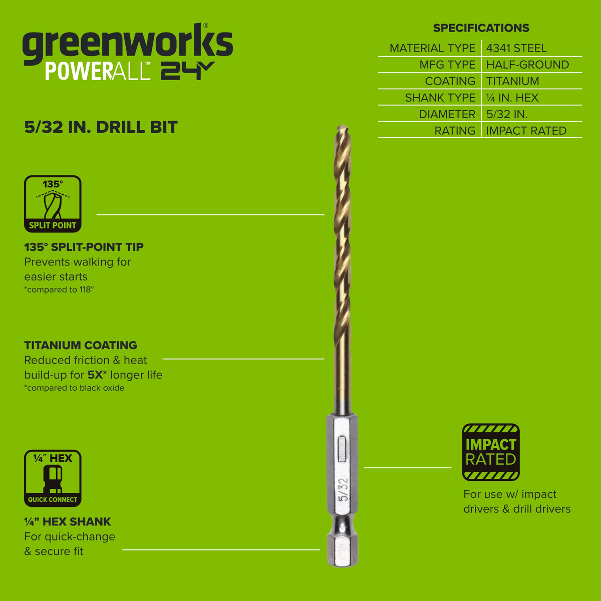 Half Ground 5/32-inch Hex Shank Titanium Drill Bit Set