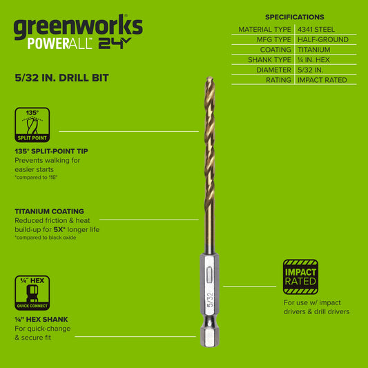 Half Ground 5/32-inch Hex Shank Titanium Drill Bit Set