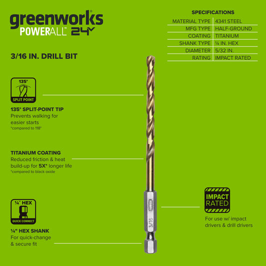 Half Ground 3/16-inch Hex Shank Titanium Drill Bit Set