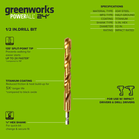 Half Ground 1/2-inch Hex Shank Titanium Drill Bit Set