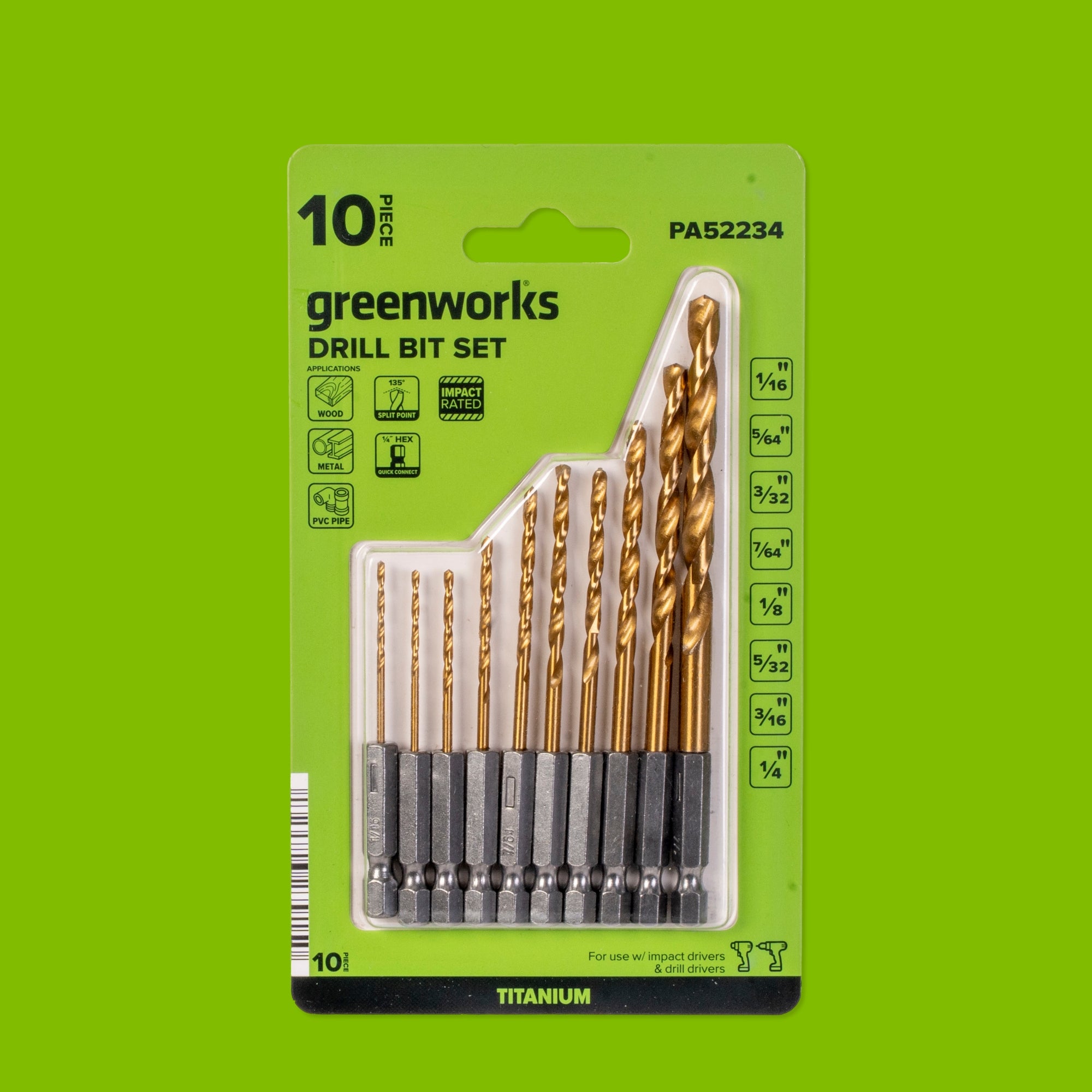Half Ground 10-PC Hex Shank Titanium Drill Bit Set
