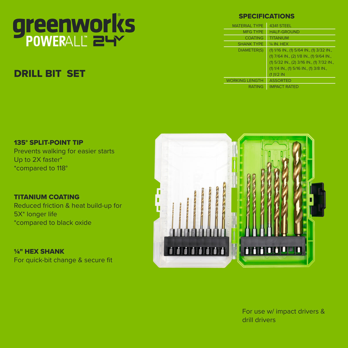 Half Ground 15-PC Impact-Rated Hex Shank Titanium Drill Bit Set