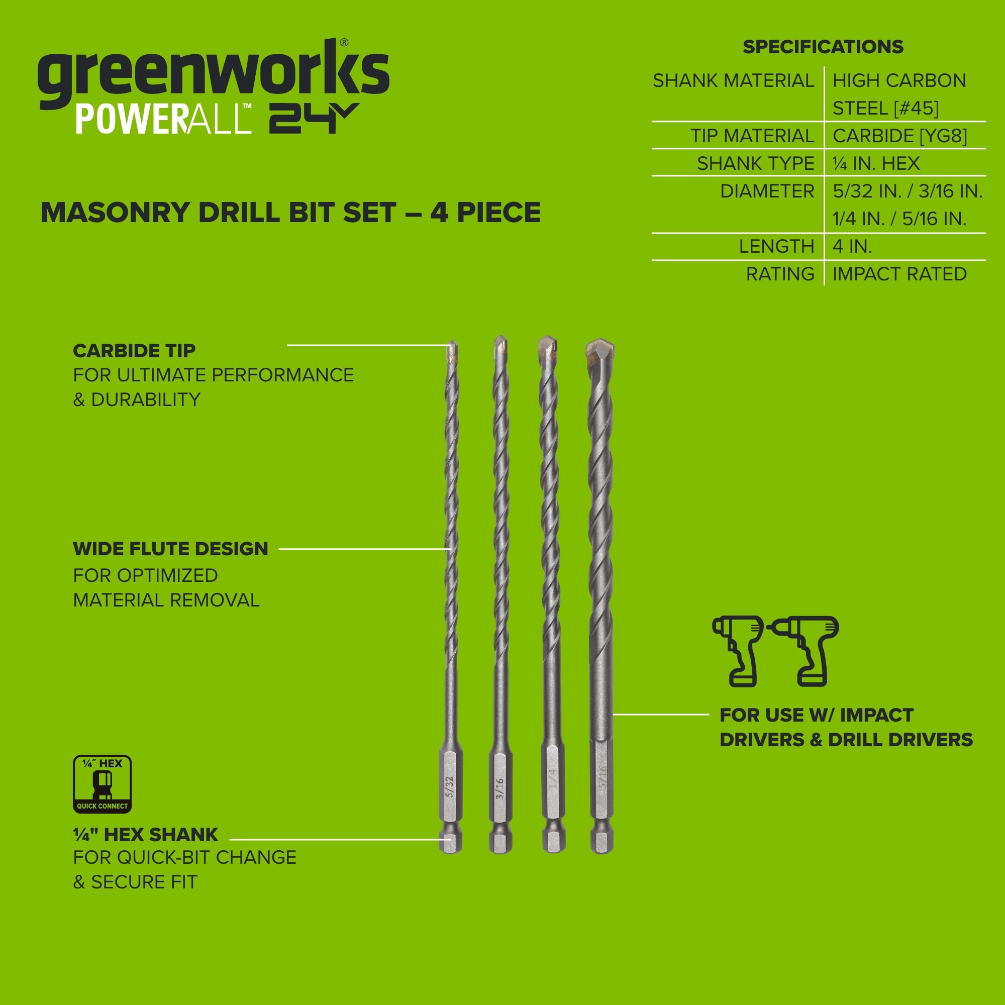 4-PC Hex Shank Masonry Drill Bit Set