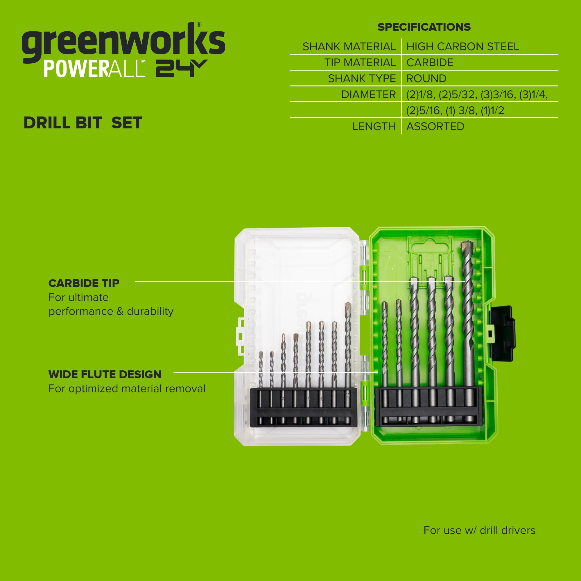 14-Piece Masonry Drill Bit Set, Sizes 1/8" to 1/2", Round Shank Insert