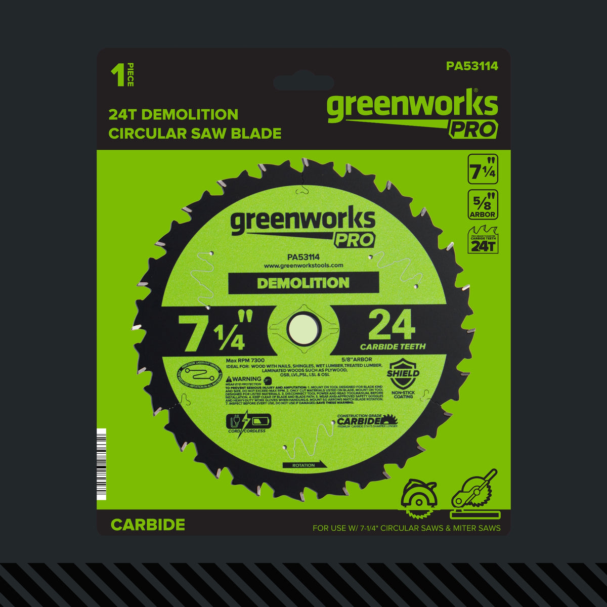 Pro 24-Tooth 7-1/4" Demolition Circular Saw Blade with Construction-Grade Carbide Teeth