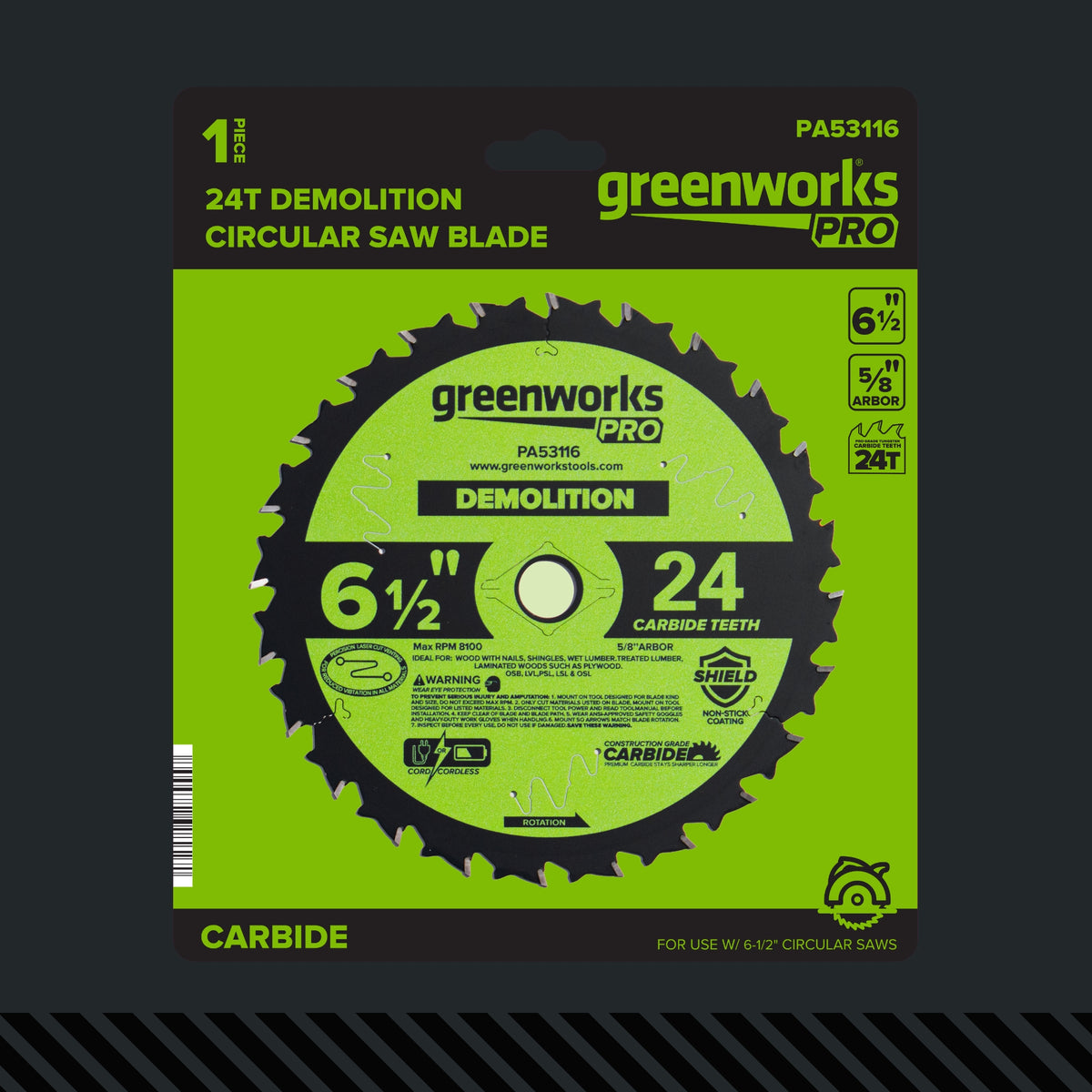 Pro 24-Tooth 6-1/2" Demolition Circular Saw Blade with Construction-Grade Carbide Teeth