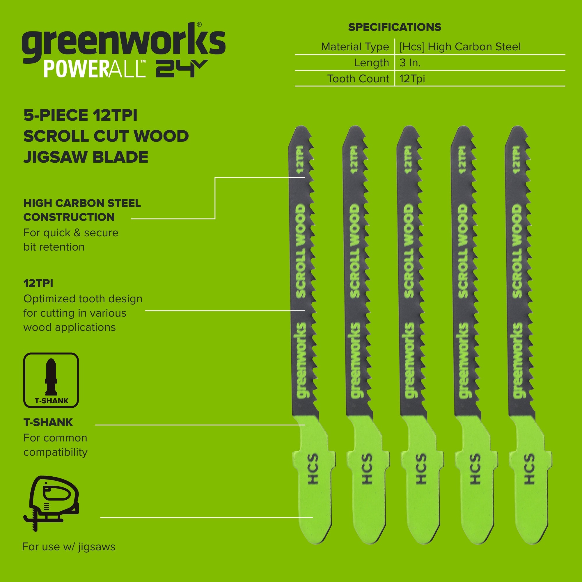 5-PC 3" 12TPI Jig Saw Wood Blades