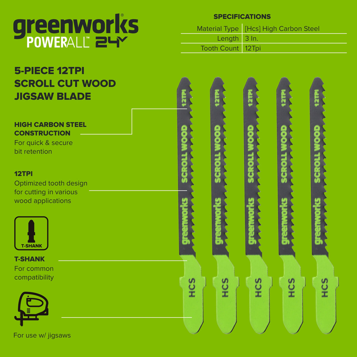 5-PC 3" 12TPI Jig Saw Wood Blades