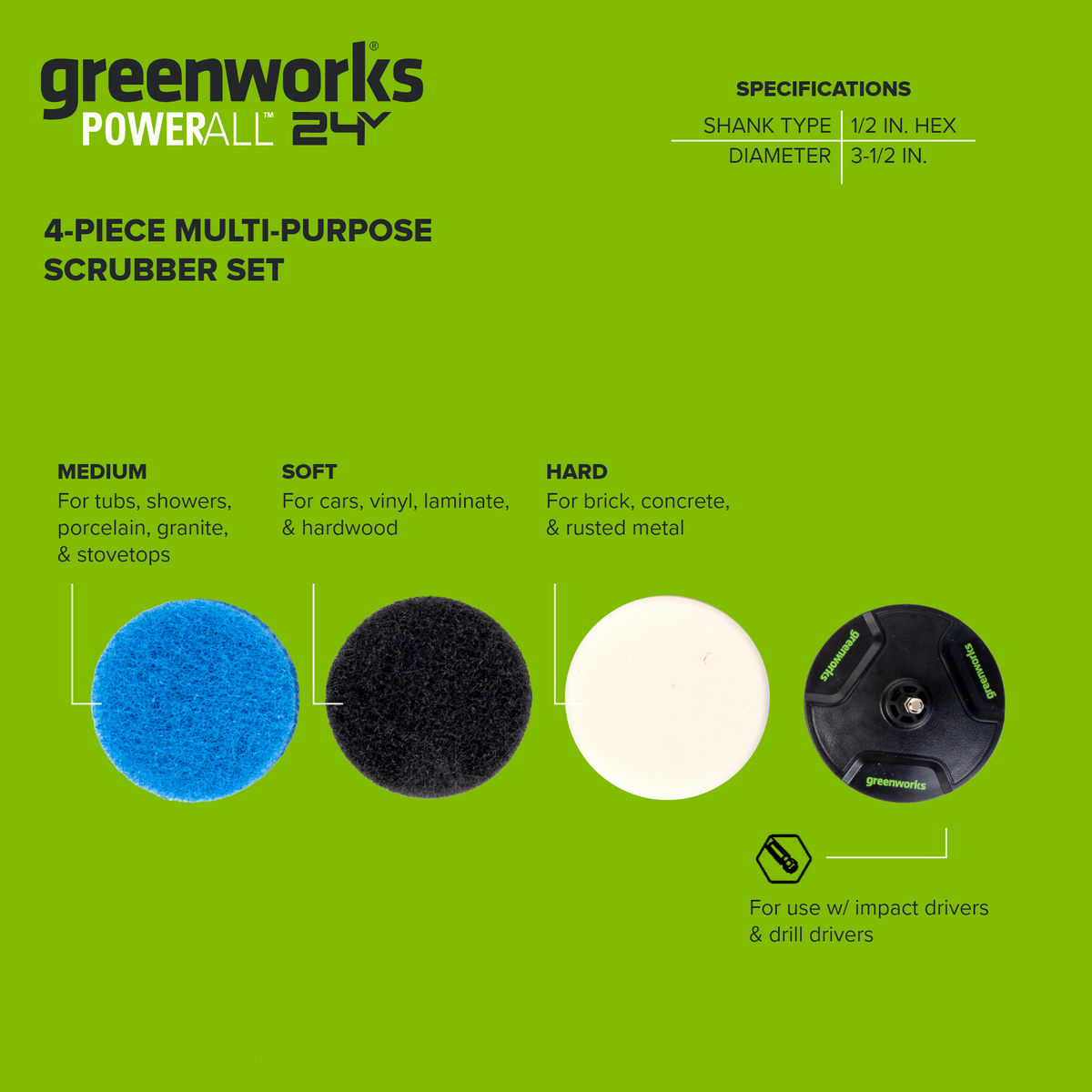 4-Piece Multipurpose 3-1/2" Scrubber Set for Most Surfaces, Used with Impact or Drill Drivers