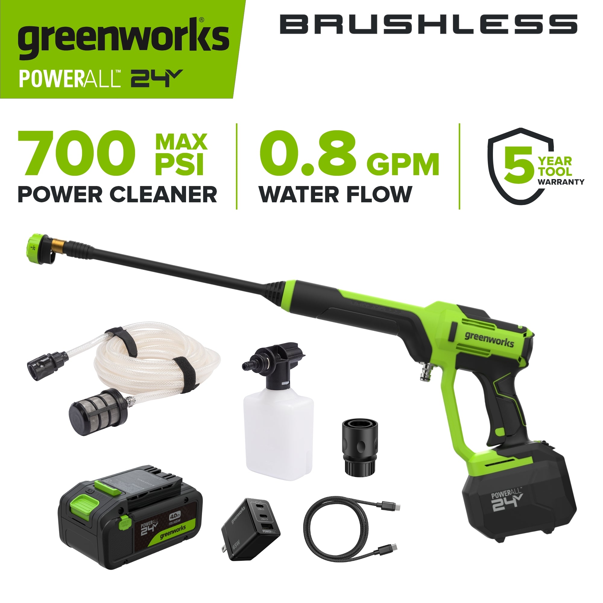 24V 700 PSI 0.8 GPM Cold Water Cordless Power Cleaner: 4.0Ah Battery and 30W Charger