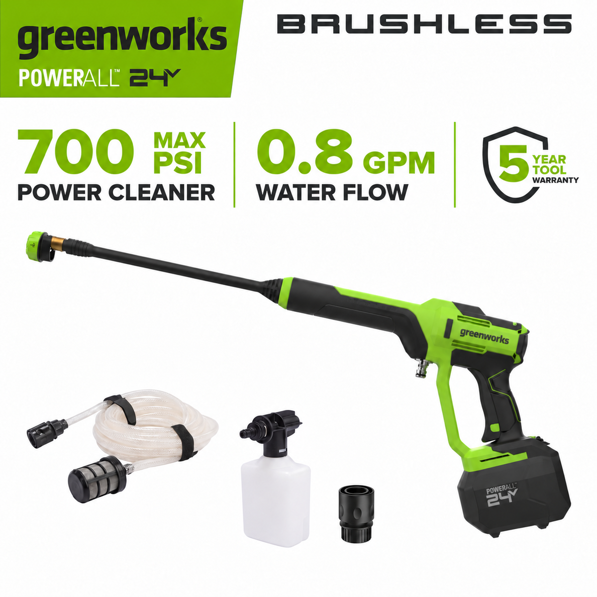 24V 700 PSI 0.8 GPM Cold Water Cordless Power Cleaner (Tool Only)
