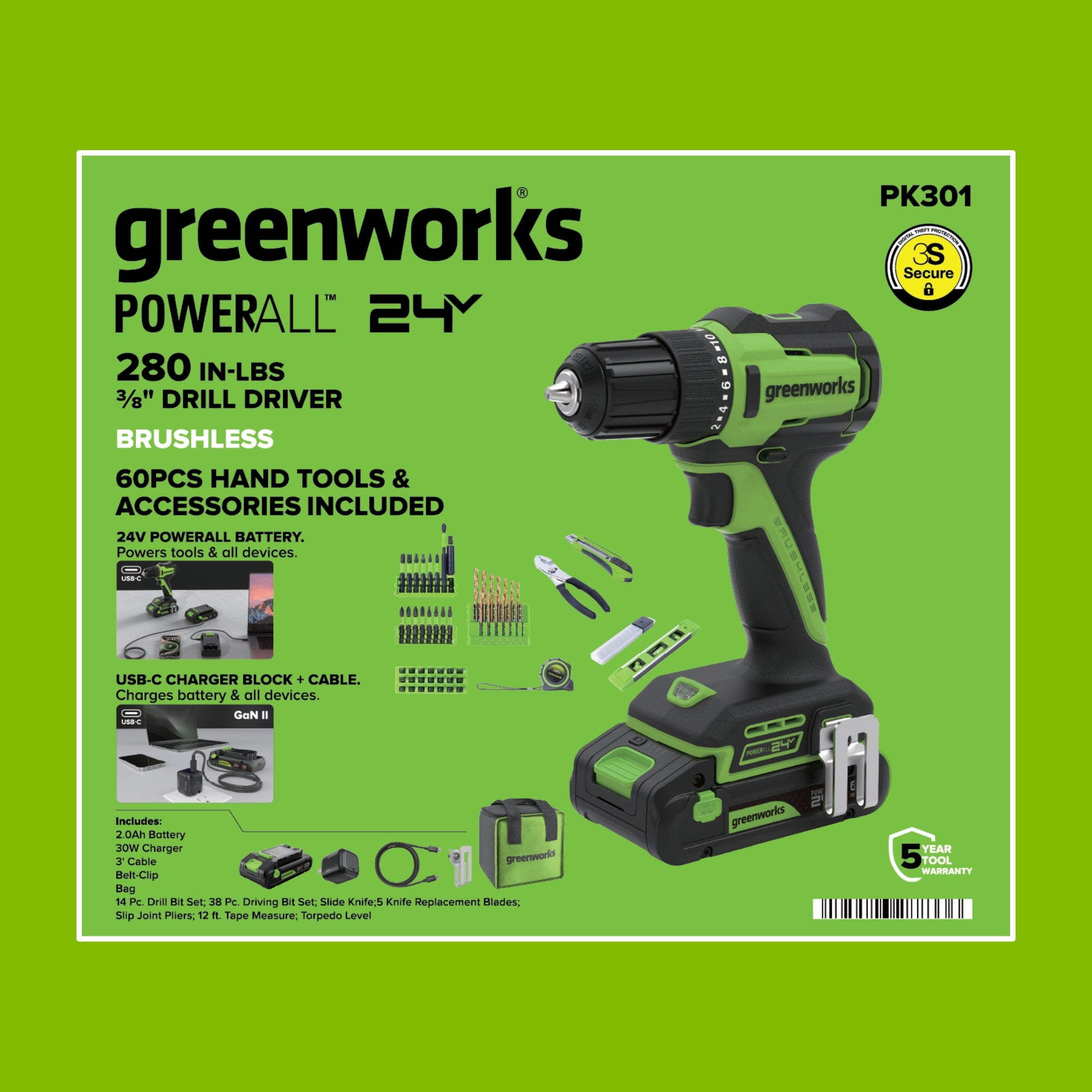 24V PowerAll 3/8" 280 in-lb Drill and 60 Piece Hand Tool/Accessories Project Kit, with 2.0 Ah USB-C Battery, 30W USB-C Charger Block, Carrying Bag