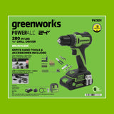 24V PowerAll 3/8" 280 in-lb Drill and 60 Piece Hand Tool/Accessories Project Kit, with 2.0 Ah USB-C Battery, 30W USB-C Charger Block, Carrying Bag