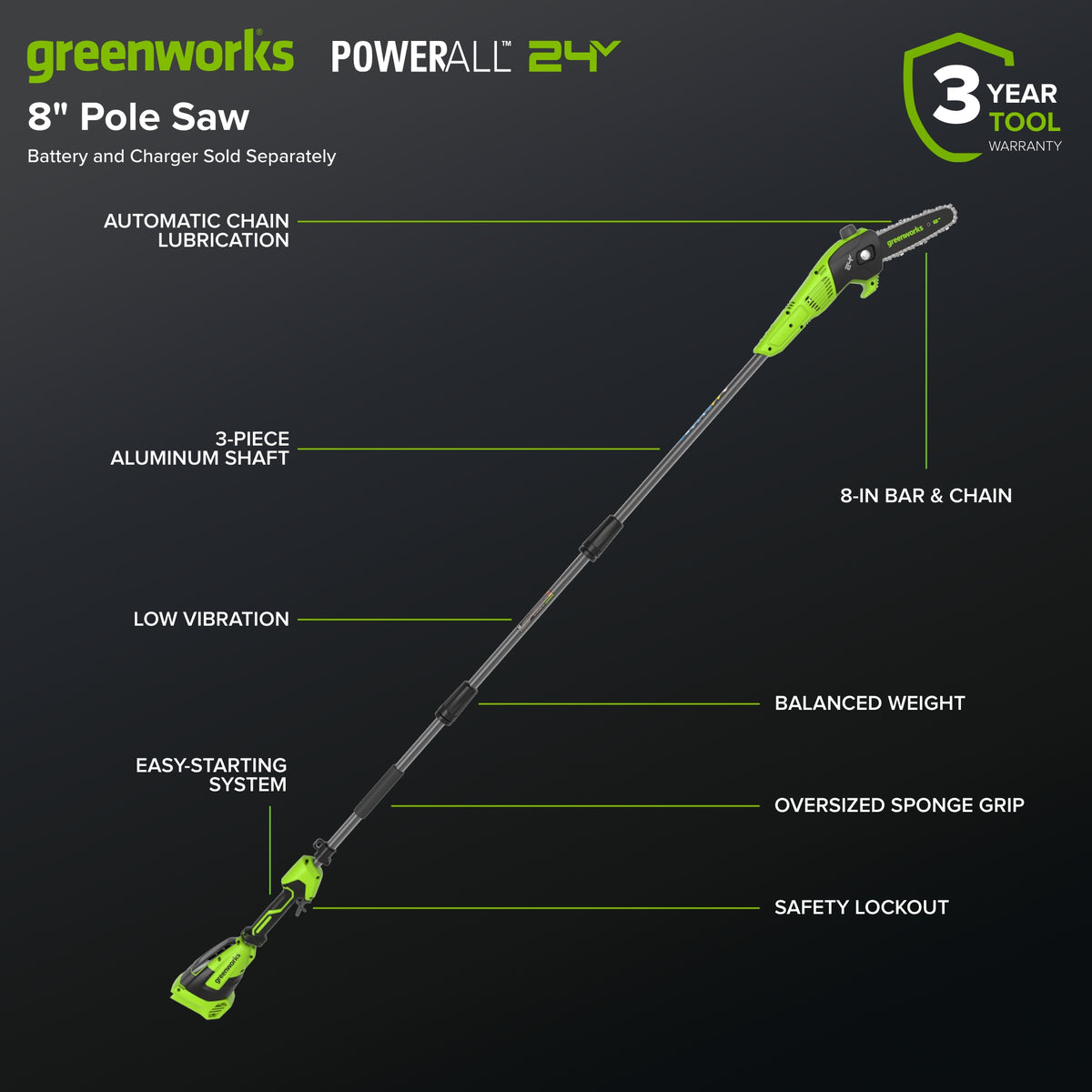 24V 8" Cordless Battery Pole Saw (Tool Only)