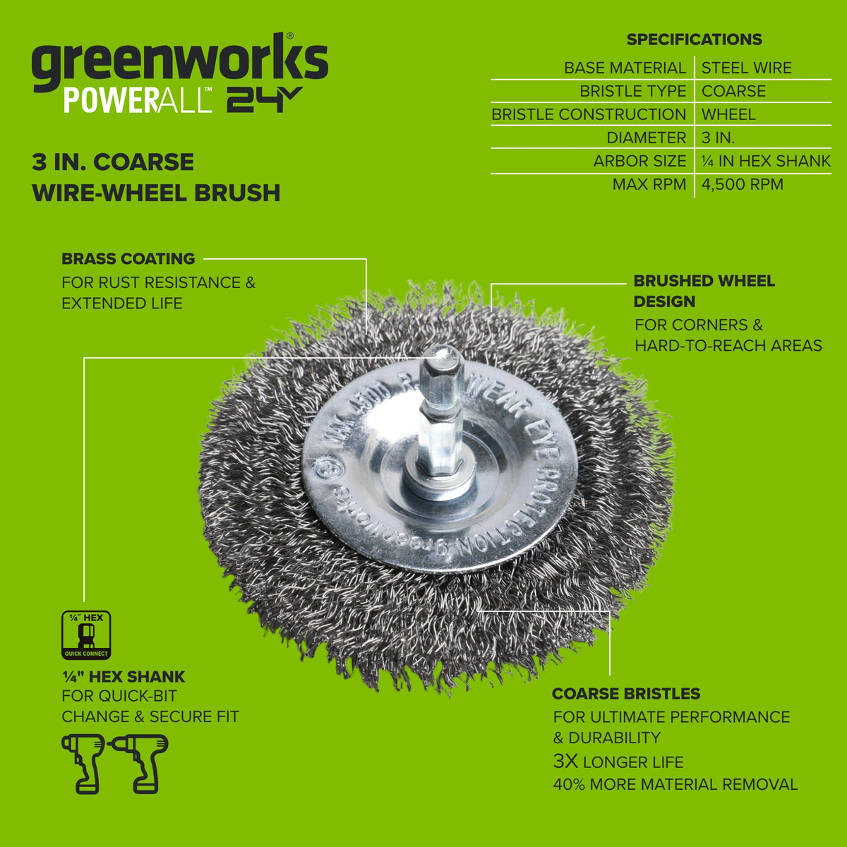 3" Coarse Wire Wheel Brush for Weld Scale, Paint, or Rust Removal and Surface Prep, for Use with Impact and Drill Drivers