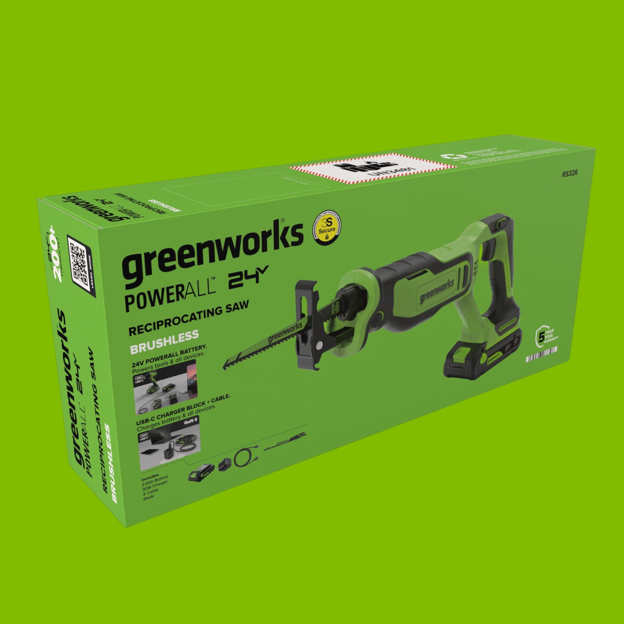 24V PowerAll 1-1/4" Reciprocating Saw with Blade, 2.0 Ah USB-C Battery and 30W USB-C Fast Charger,3,200 SPM