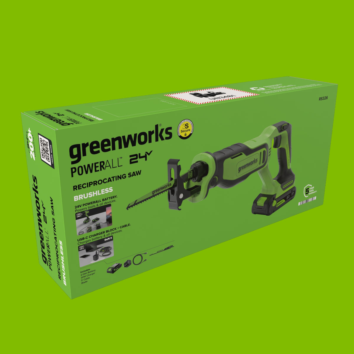 24V PowerAll 1-1/4" Reciprocating Saw with Blade, 2.0 Ah USB-C Battery and 30W USB-C Fast Charger,3,200 SPM