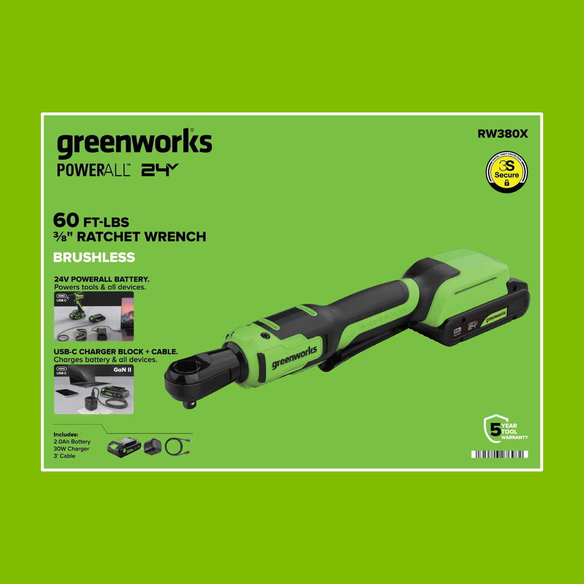 24V PowerAll 60 ft-lb 3/8" Ratchet Wrench, with 2.0 Ah Battery, 30W Charger, and 3' Cable