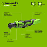 24V PowerAll 60 ft-lb 3/8" Ratchet Wrench, with 2.0 Ah Battery, 30W Charger, and 3' Cable