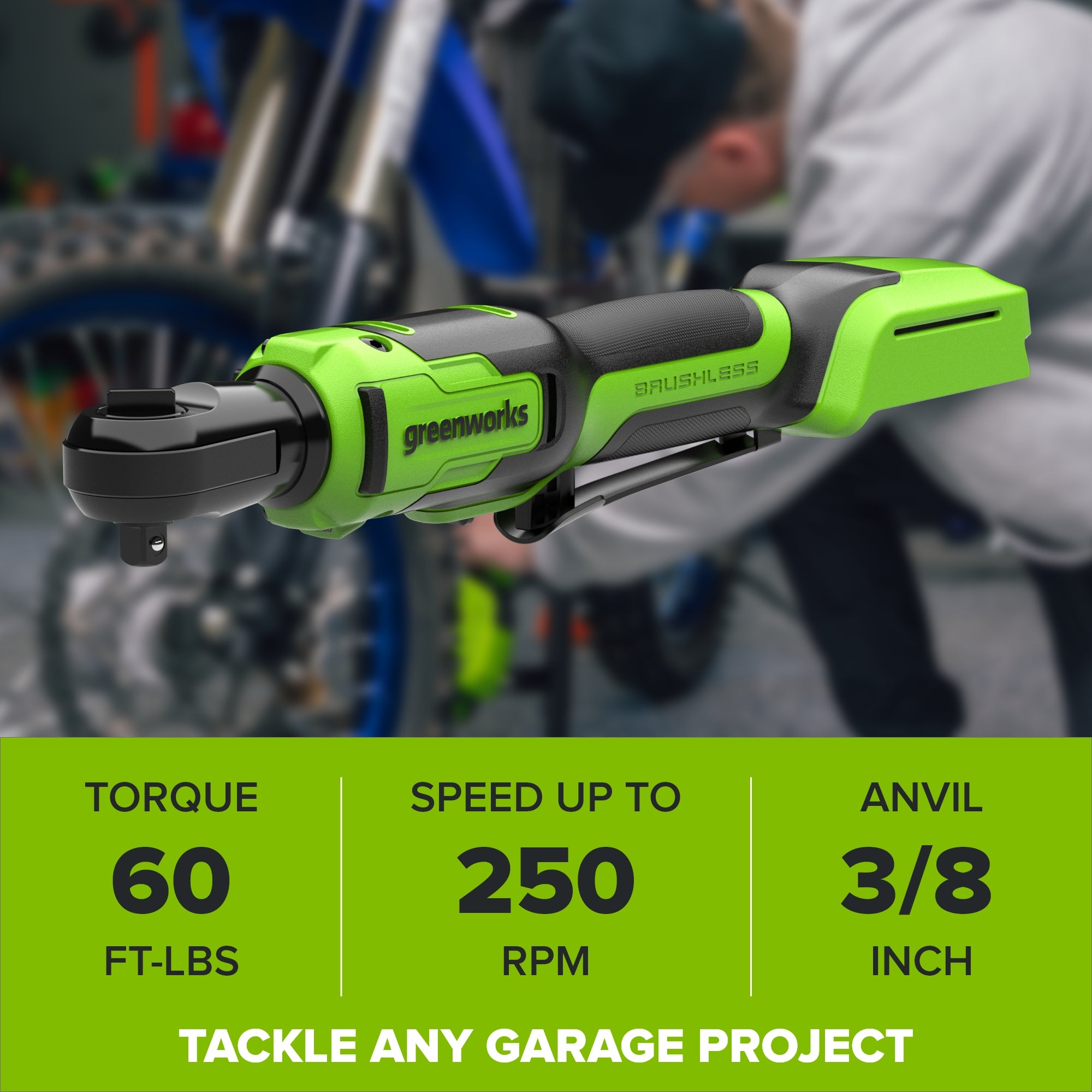 24V PowerAll 60 ft-lb 3/8" Ratchet Wrench, with 2.0 Ah Battery, 30W Charger, and 3' Cable