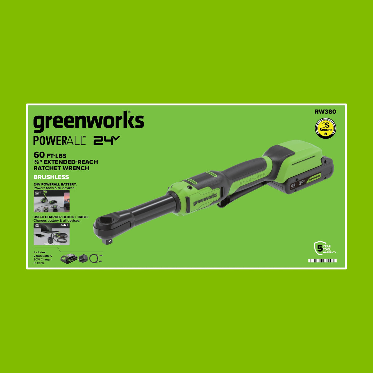 24V PowerAll 60 ft-lb 3/8" Extended Reach Ratchet Wrench, with 2.0 Ah Battery, 30W Charger, and 3' Cable