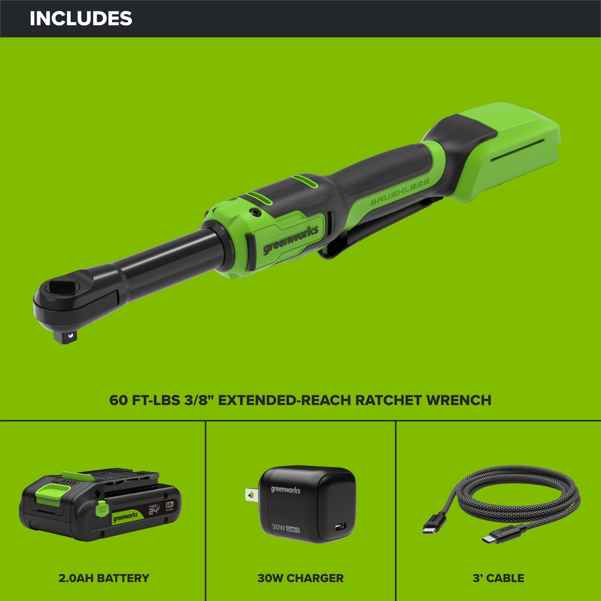 24V PowerAll 60 ft-lb 3/8" Extended Reach Ratchet Wrench, with 2.0 Ah Battery, 30W Charger, and 3' Cable
